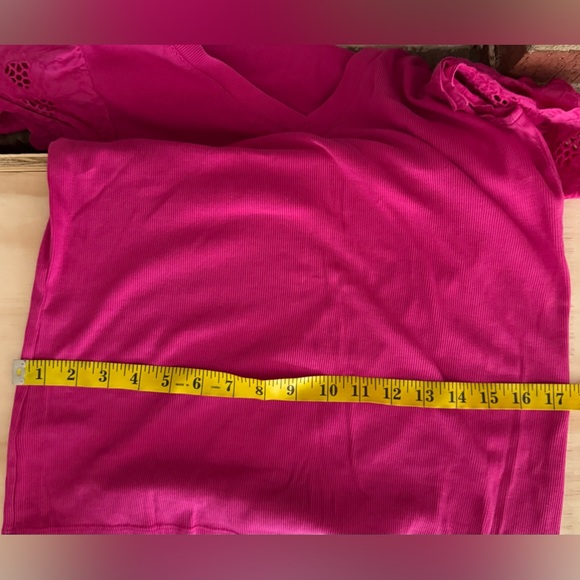Loft Fuchsia Eyelet Short Sleeve Mixed Media V-Neck Top - Picture 11 of 11